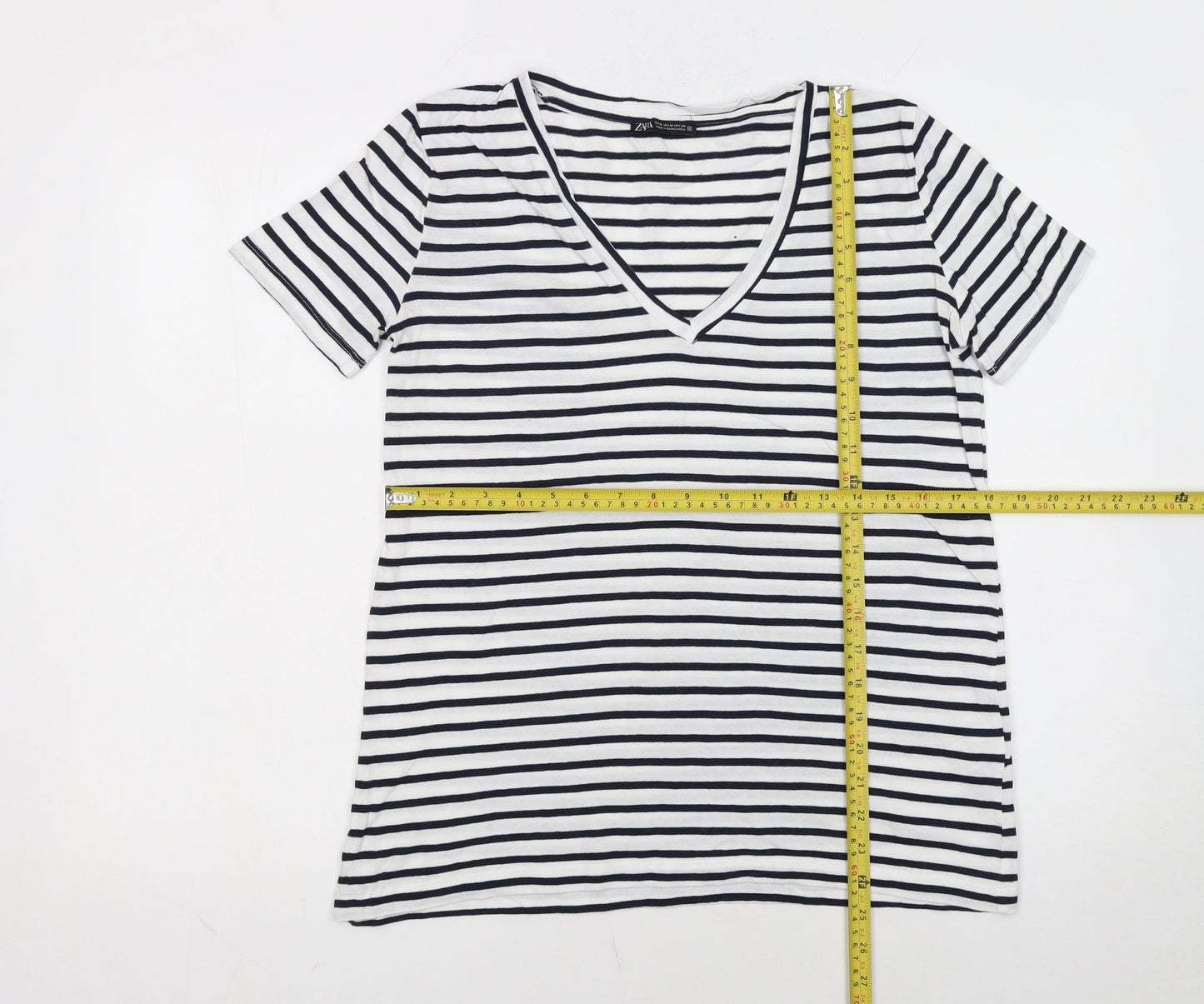 Zara Women's White Black Striped V-Neck Cotton T-Shirt M