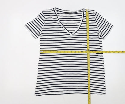 Zara Women's White Black Striped V-Neck Cotton T-Shirt M