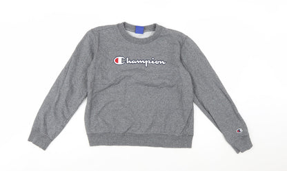 Champion Womens Grey Medium Pullover Sweatshirt Logo Crew Neck Cotton Blend