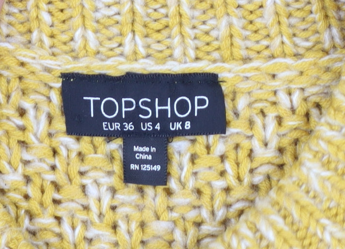 Topshop Women's Yellow Chunky-Knit Mock Neck Jumper Size 8