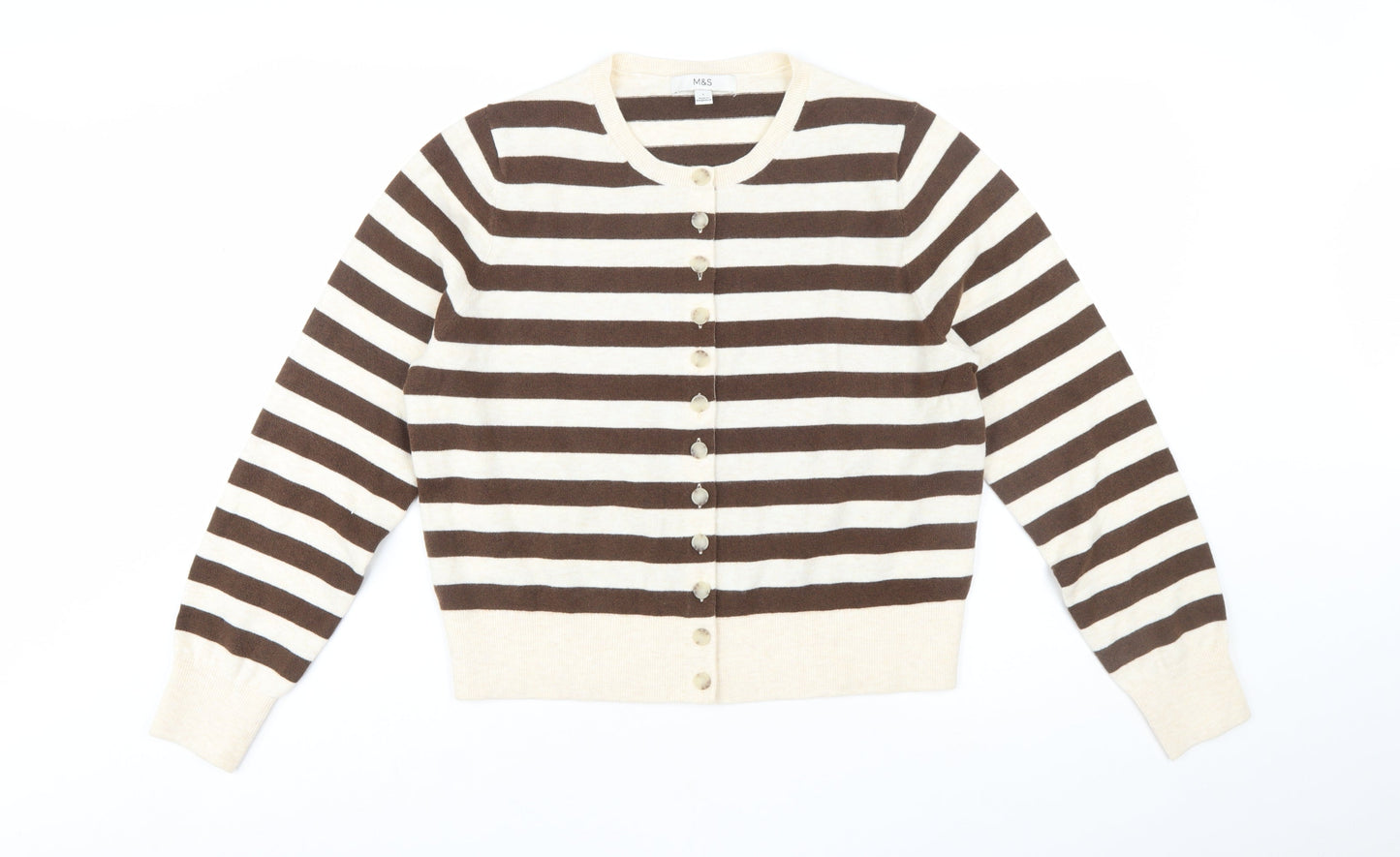 Marks and Spencer Womens Brown Stripe Cardigan L Knit Jumper
