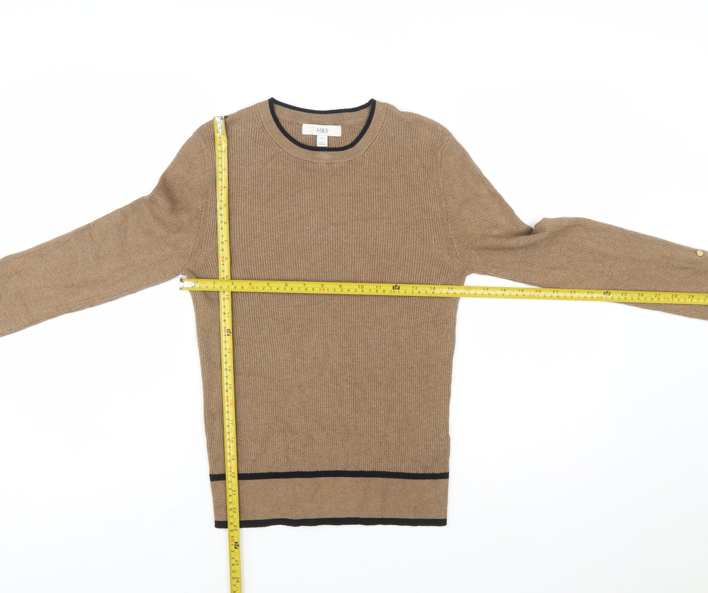 Marks and Spencer Womens Beige Crew Neck Button Cuff Jumper Size 12