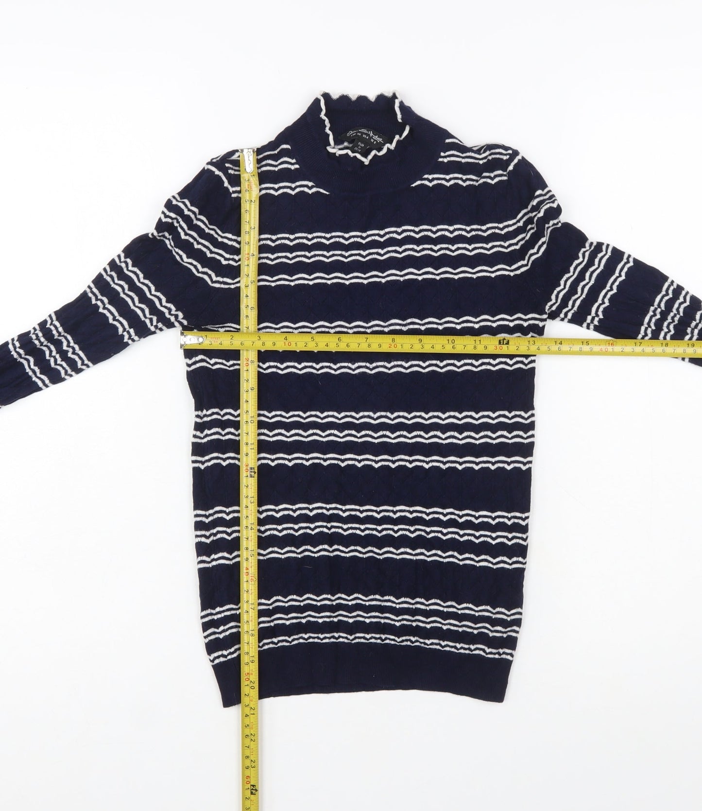 Miss Selfridge Women Blue Striped Mock Neck Slim Fit Jumper Size 8