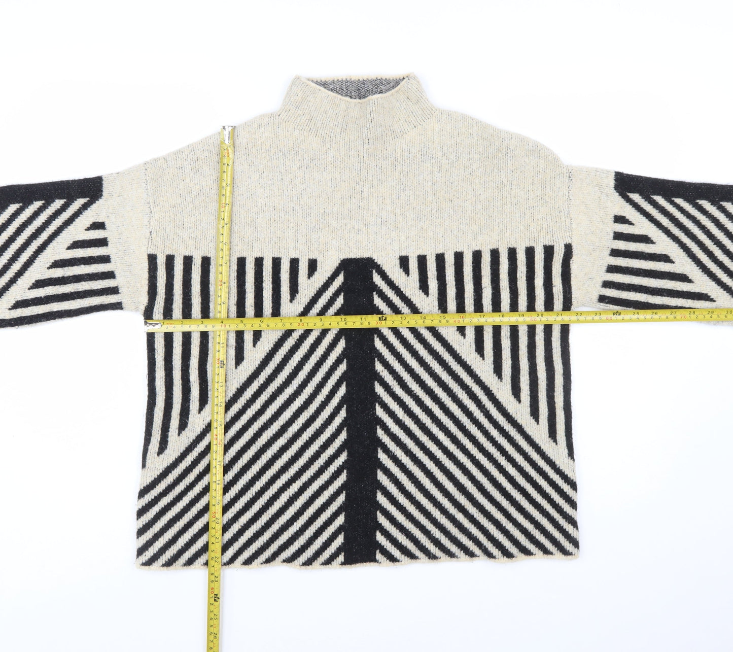 Peppercorn Womens Beige Black Geometric Knit Mock Neck Jumper Size S