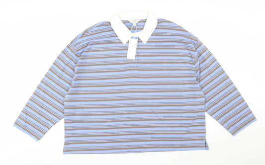 Marks and Spencer Women Blue Striped Long Sleeve Cotton Polo Shirt Size 22
