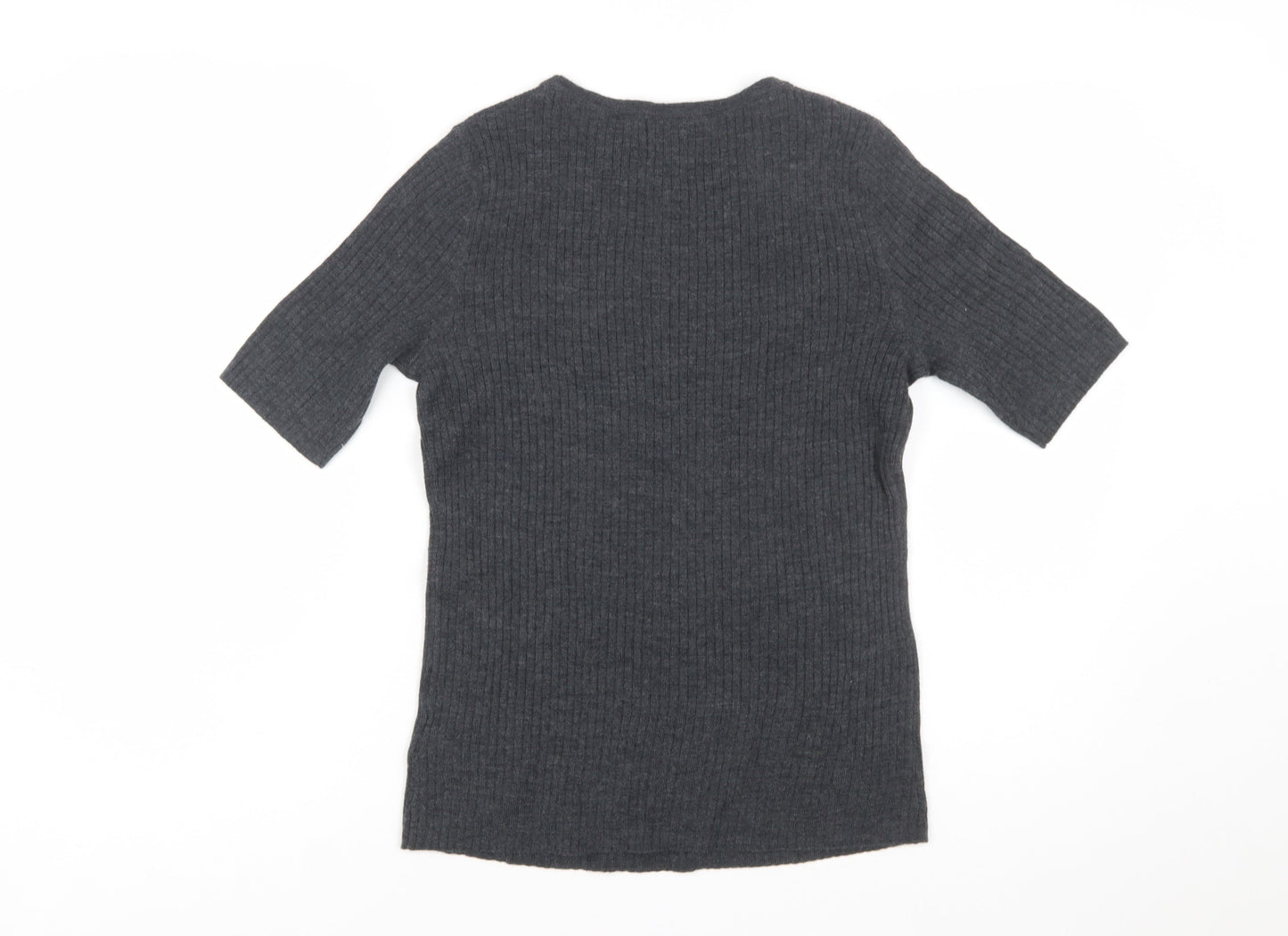Nicole Miller Women's Grey Merino Wool Ribbed Short Sleeve Jumper M