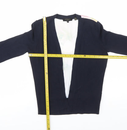 Ted Baker Womens Navy Floral Back Open Cardigan Size S Cotton Silk Blend