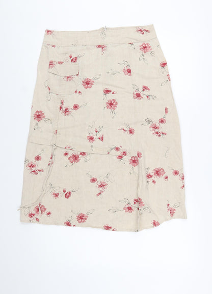 Armand Thiery Women Beige Floral Linen A-Line Knee Skirt Size 12