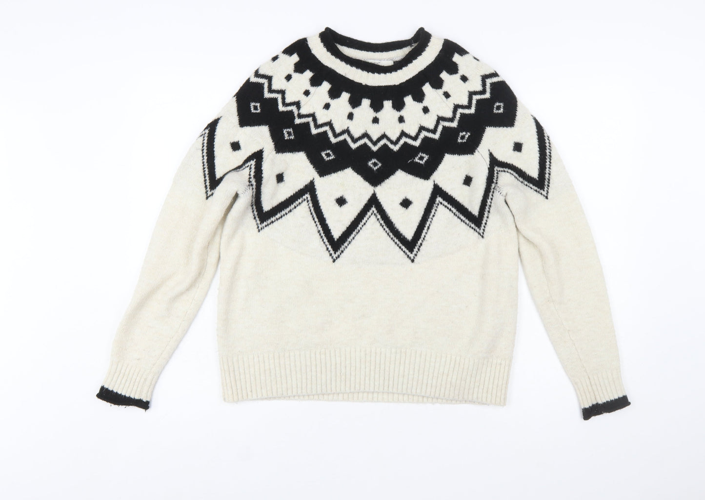 Next Women Ivory Black Wool Blend Geometric Knit Jumper XS