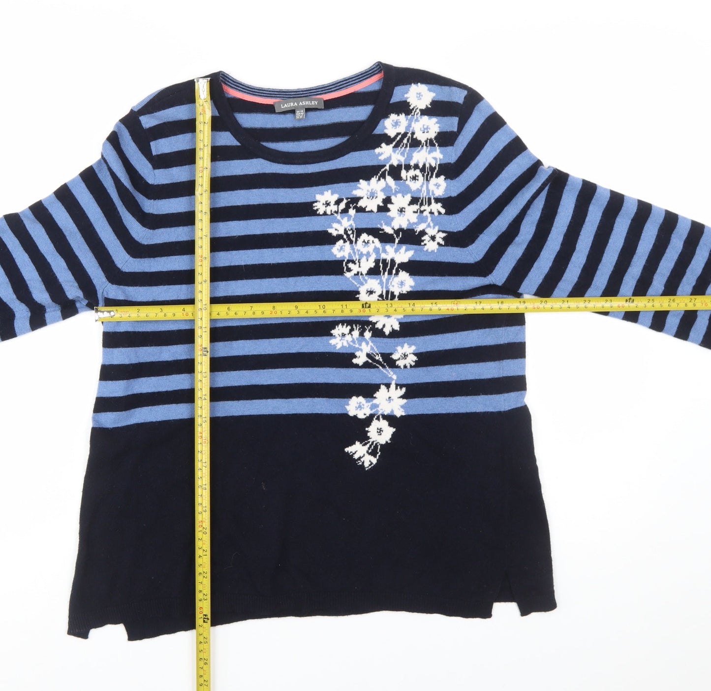 Laura Ashley Women Blue Floral Stripe Jumper Size 14 Knit Pullover