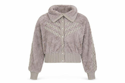 SKY Designs Women Beige Faux Fur Knit Cardigan Size S Collared
