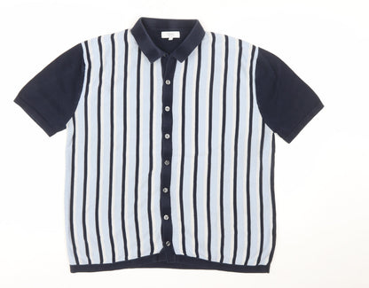 Next Men's Blue Striped Cotton Collared Button Cardigan XL