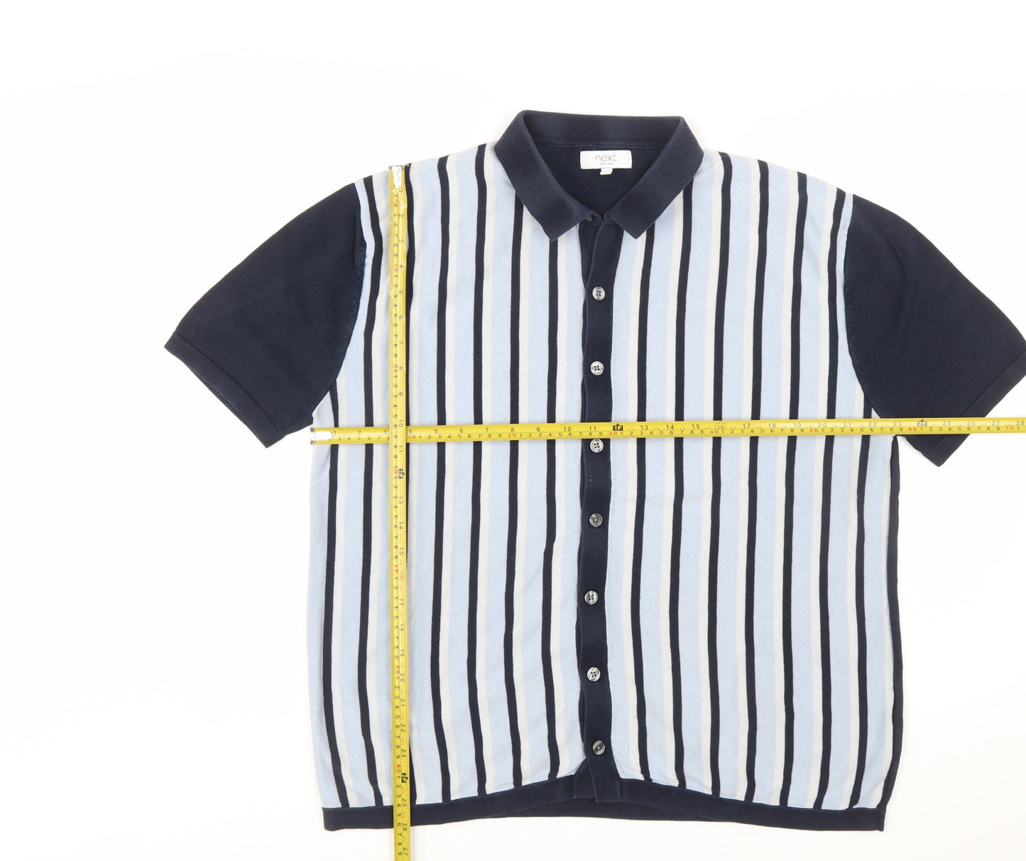 Next Men's Blue Striped Cotton Collared Button Cardigan XL