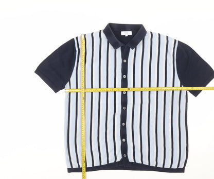 Next Men's Blue Striped Cotton Collared Button Cardigan XL