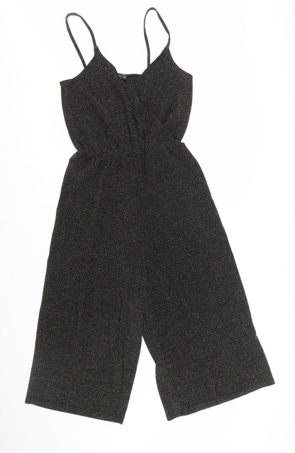 Zara Women Black Glitter Knit Jumpsuit Size 8 V-Neck Wide Leg Partywear
