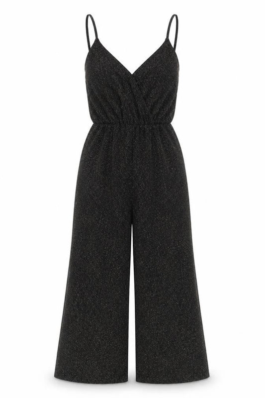Zara Women Black Glitter Knit Jumpsuit Size 8 V-Neck Wide Leg Partywear