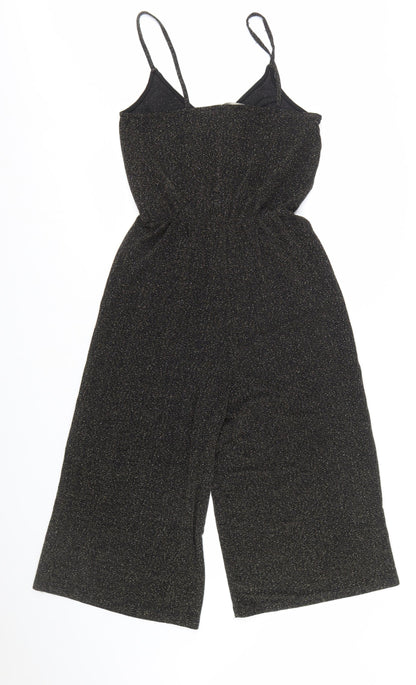 Zara Women Black Glitter Knit Jumpsuit Size 8 V-Neck Wide Leg Partywear
