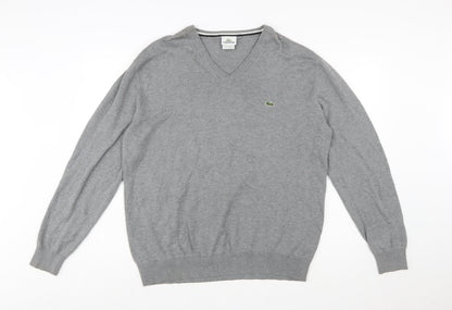 Lacoste Men's Grey Wool V-Neck Jumper XL Classic Knitwear