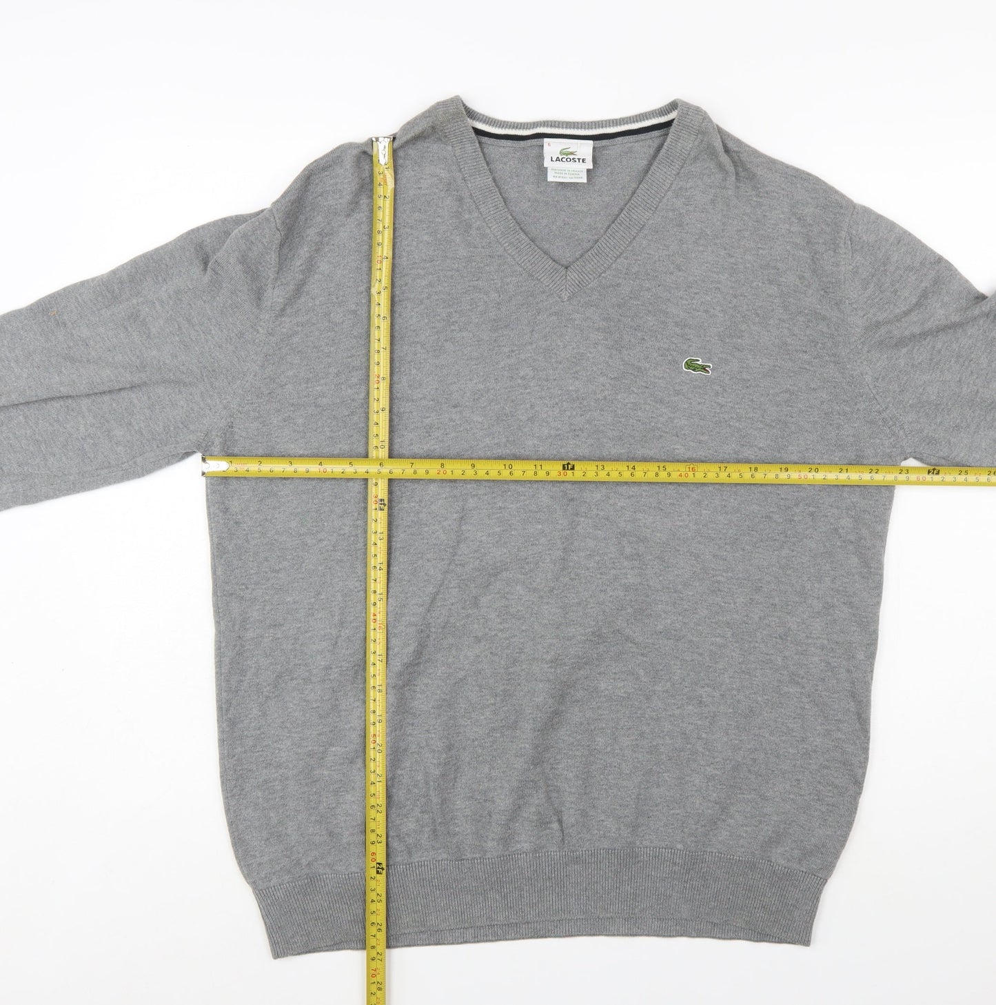 Lacoste Men's Grey Wool V-Neck Jumper XL Classic Knitwear