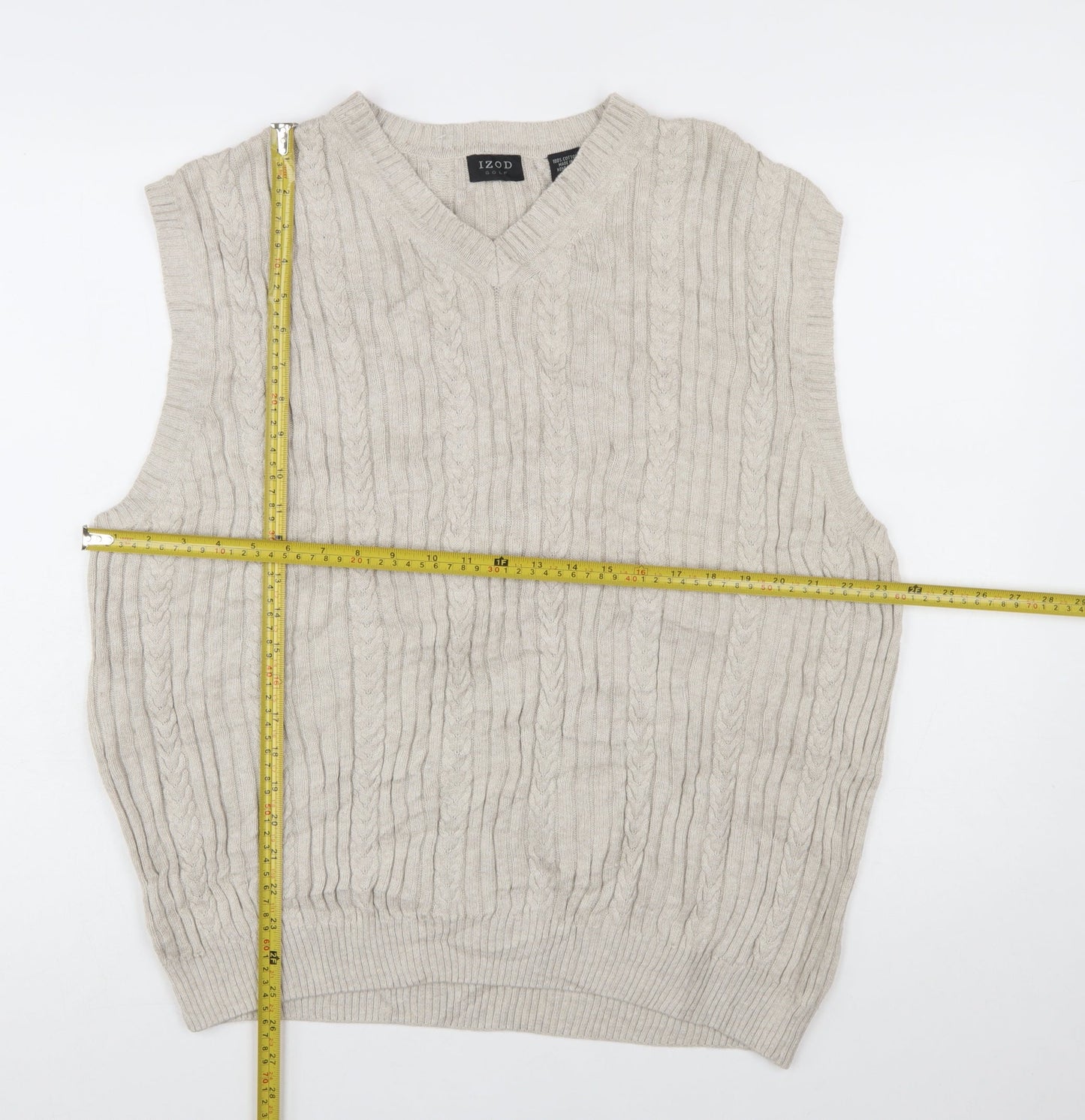 IZOD Men’s Beige Cotton Cable Knit Golf Vest L V-Neck Jumper