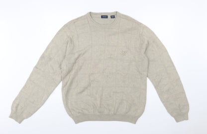 IZOD Men Beige Cotton Check Knit Crew Neck Pullover Jumper M