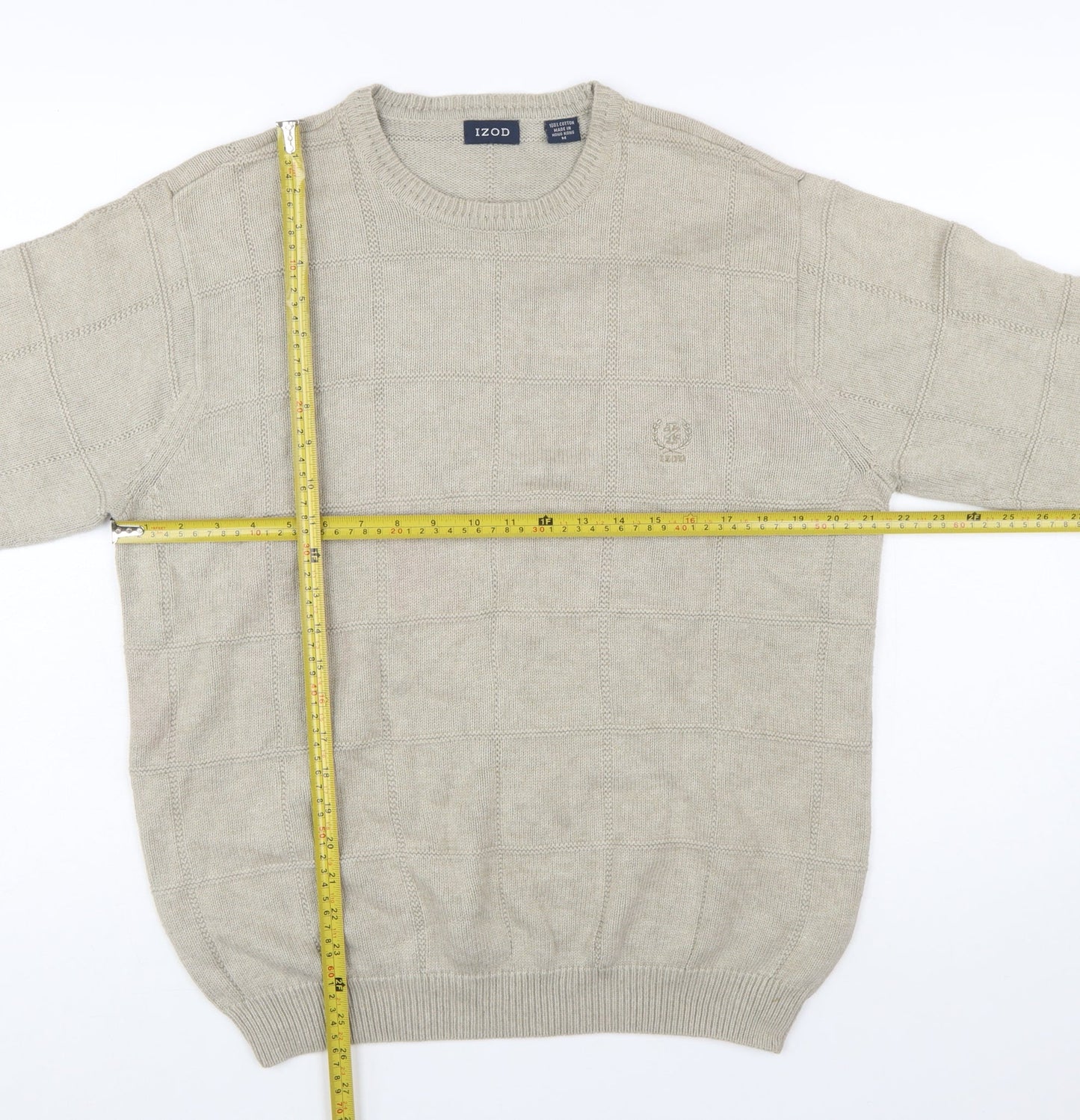 IZOD Men Beige Cotton Check Knit Crew Neck Pullover Jumper M