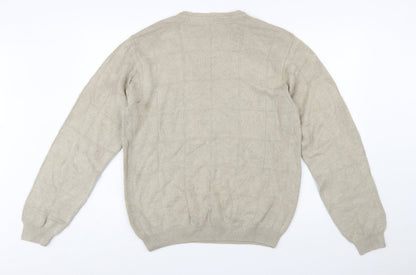 IZOD Men Beige Cotton Check Knit Crew Neck Pullover Jumper M
