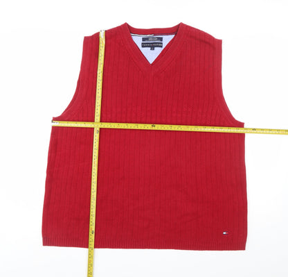 Tommy Hilfiger Men's Red Cotton V-Neck Vest Size L Classic Knit