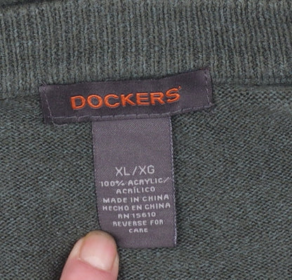Dockers Mens Green XL V-Neck Pullover Jumper Acrylic Knit