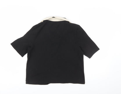 River Island Women's Black Collared Short Sleeve Cropped Polo Top Size 14
