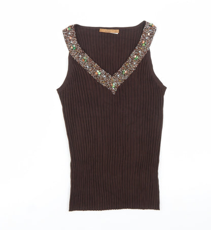 Belldini Women's Brown Beaded V-Neck Sleeveless Knit Tank Top Size M