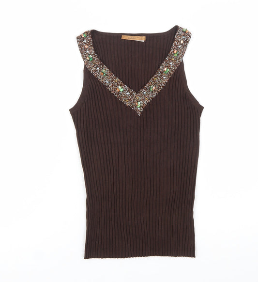 Belldini Women's Brown Beaded V-Neck Sleeveless Knit Tank Top Size M