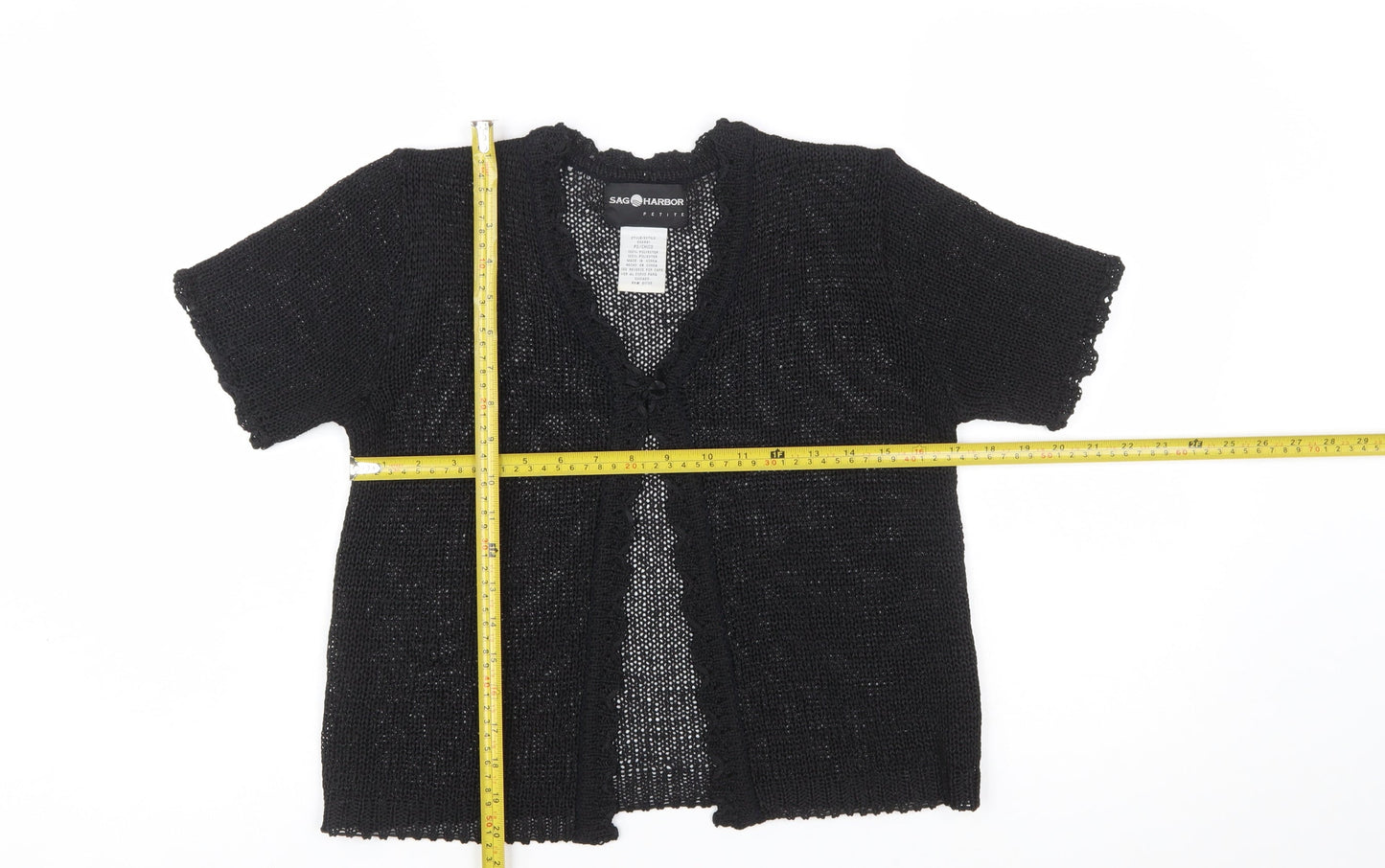 Sag Harbor Women’s Black Petite Open Knit Cardigan Short Sleeve S