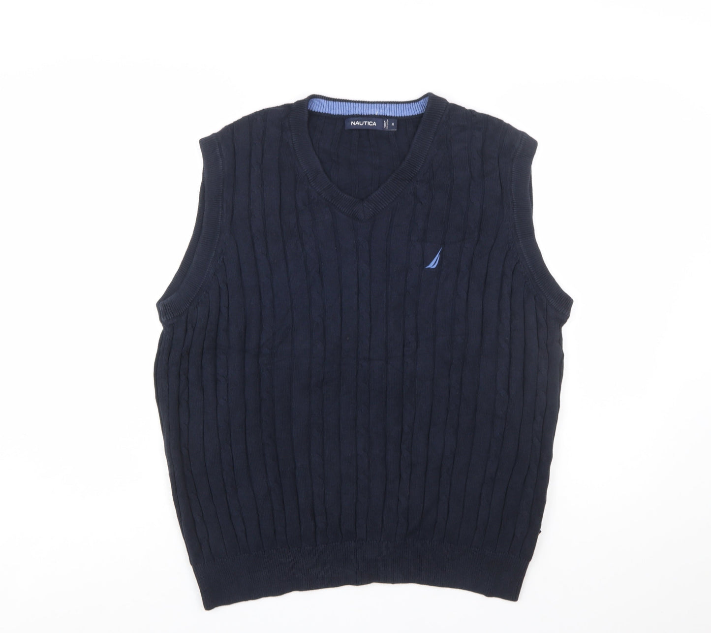 Nautica Men's Blue Cotton Cable-Knit V-Neck Sleeveless Jumper Vest M
