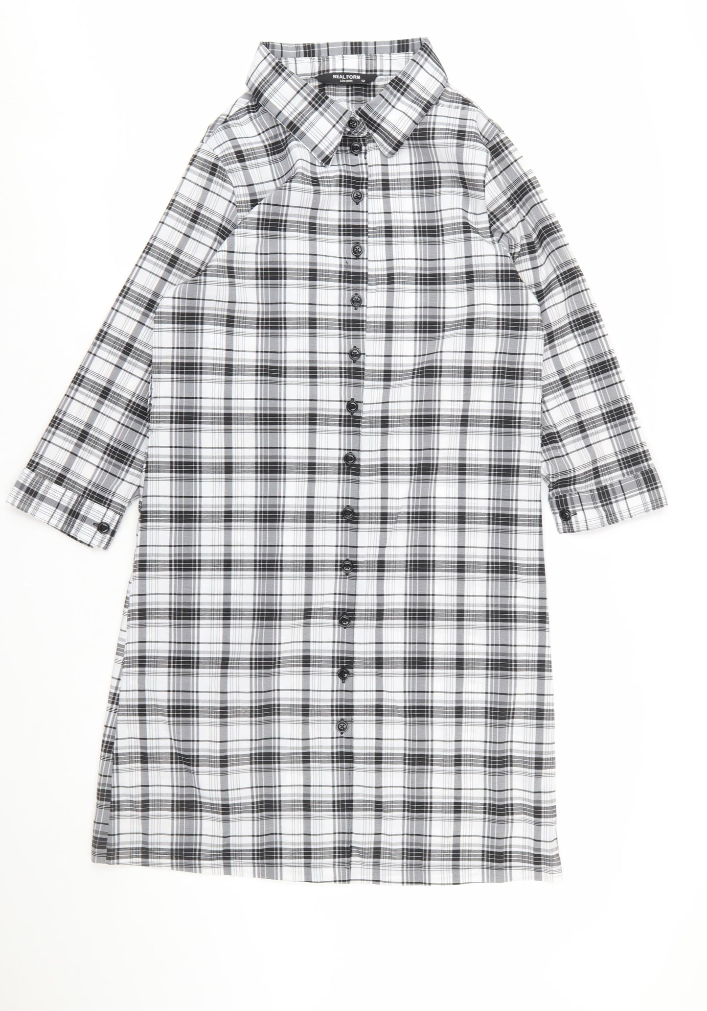 Real Form Women Black Check Shirt Dress Size 12 3/4 Sleeve