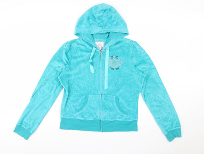 Lipsy Women’s Turquoise Velour Full Zip Hoodie Size 16 Rhinestone Logo