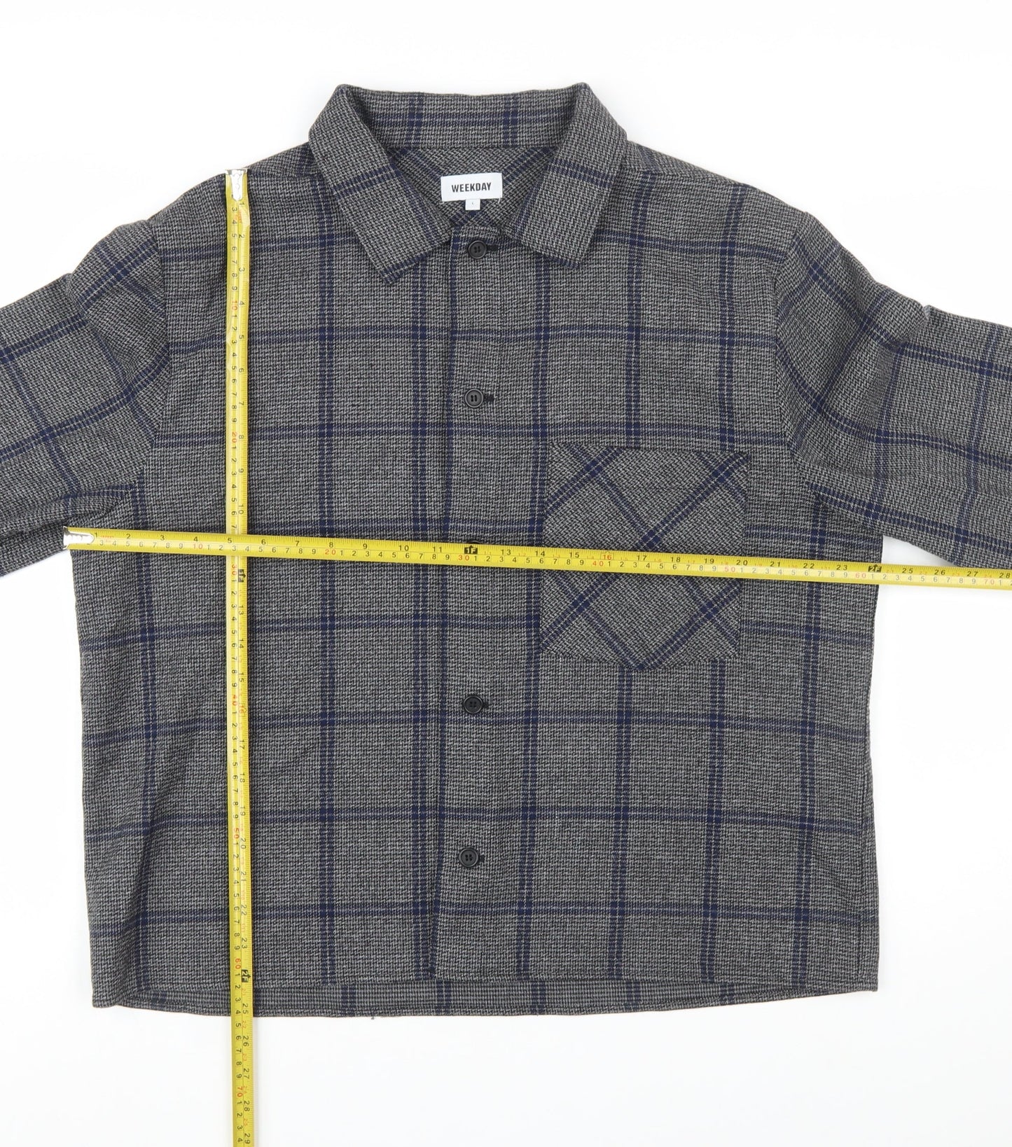 Weekday Men's Grey Checked Long Sleeve Button-Up Shirt Size L