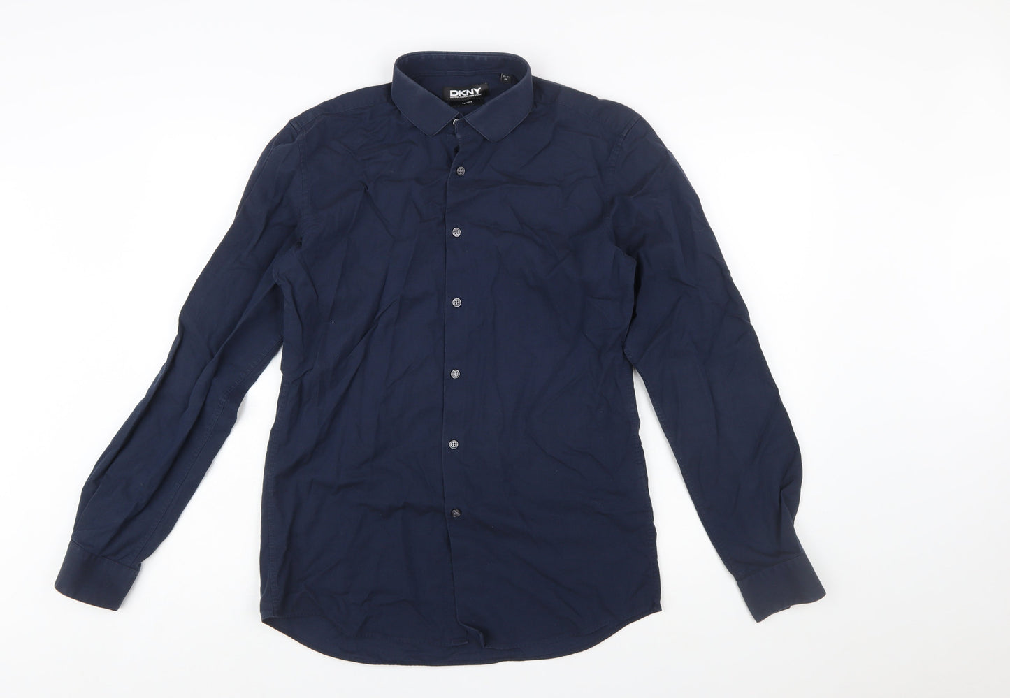 DKNY Men's Blue Slim Fit Long Sleeve Cotton Button-Up Shirt 15.5in