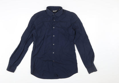 DKNY Men's Blue Slim Fit Long Sleeve Cotton Button-Up Shirt 15.5in