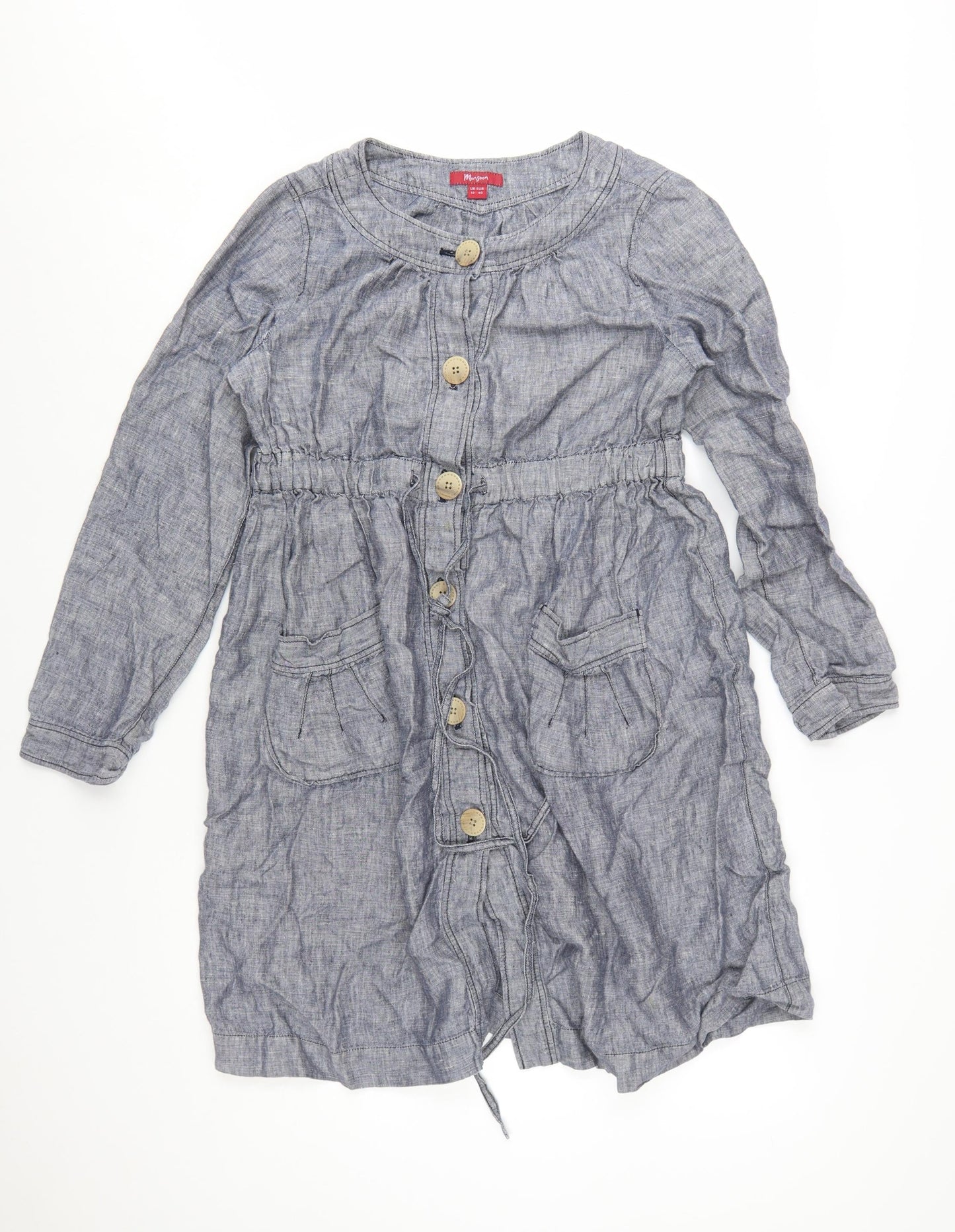 Monsoon Women Blue Linen Shirt Dress Size 12 Long Sleeve Casual