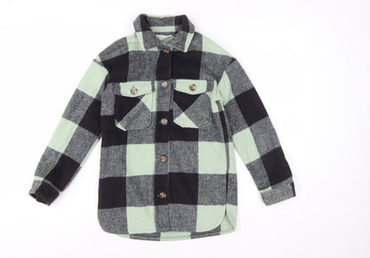 H&M Girls Green Checked Button-Up Long Sleeve Fleece Shirt 9-10 Years