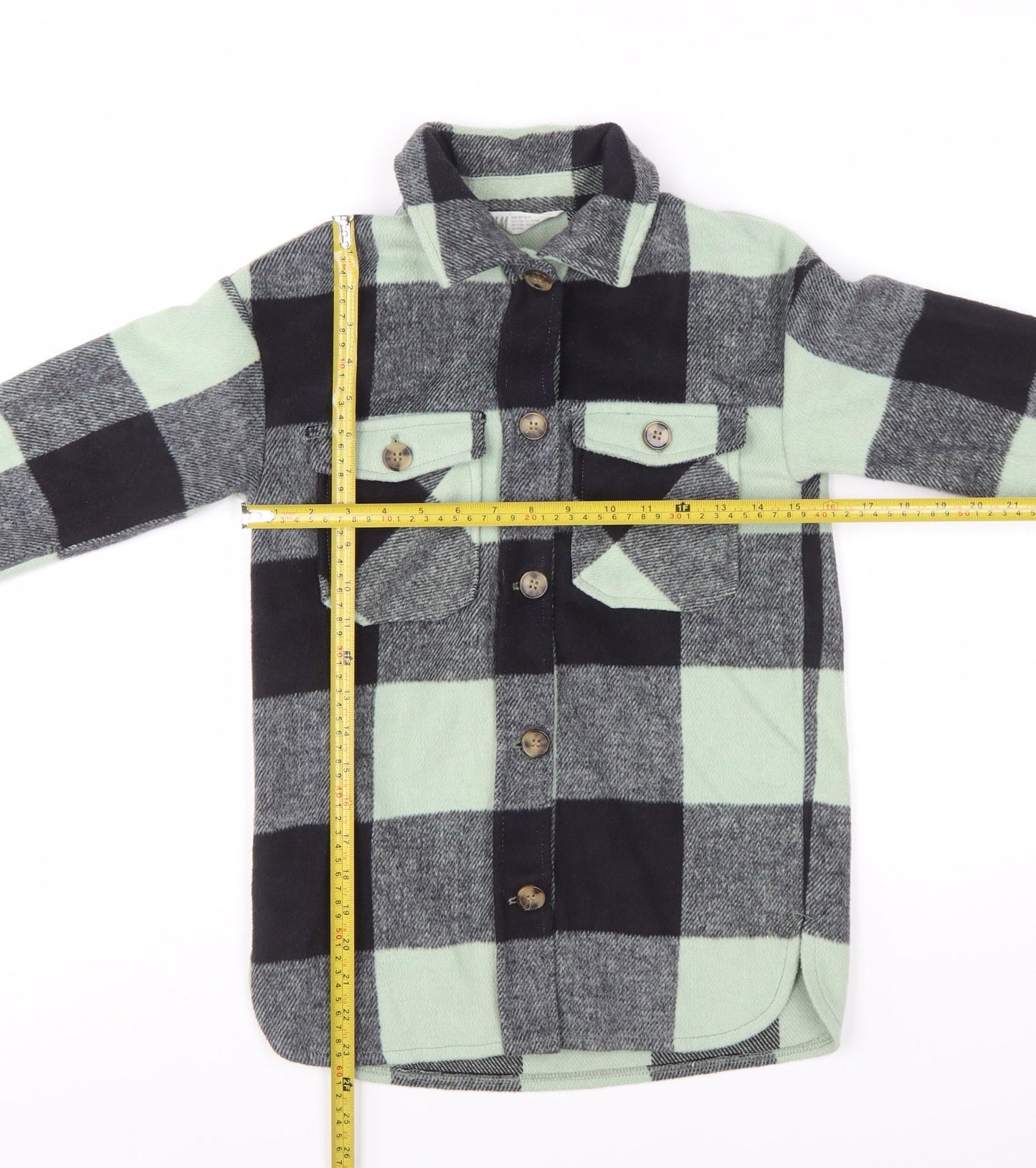 H&M Girls Green Checked Button-Up Long Sleeve Fleece Shirt 9-10 Years