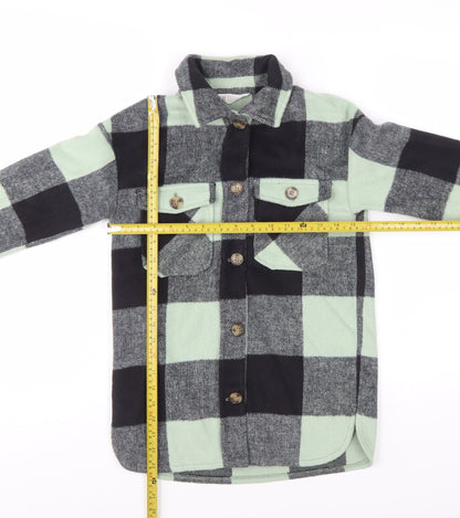 H&M Girls Green Checked Button-Up Long Sleeve Fleece Shirt 9-10 Years