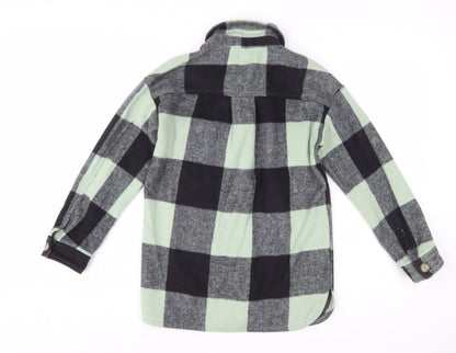 H&M Girls Green Checked Button-Up Long Sleeve Fleece Shirt 9-10 Years