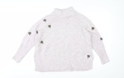 Mint Velvet Women Ivory Beaded Mock Neck Chunky Knit Jumper L