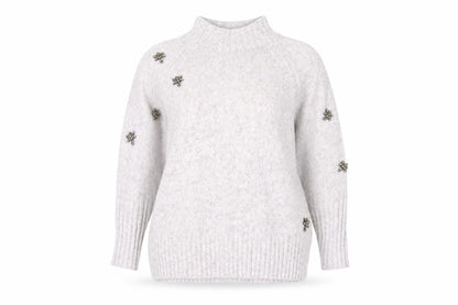 Mint Velvet Women Ivory Beaded Mock Neck Chunky Knit Jumper L