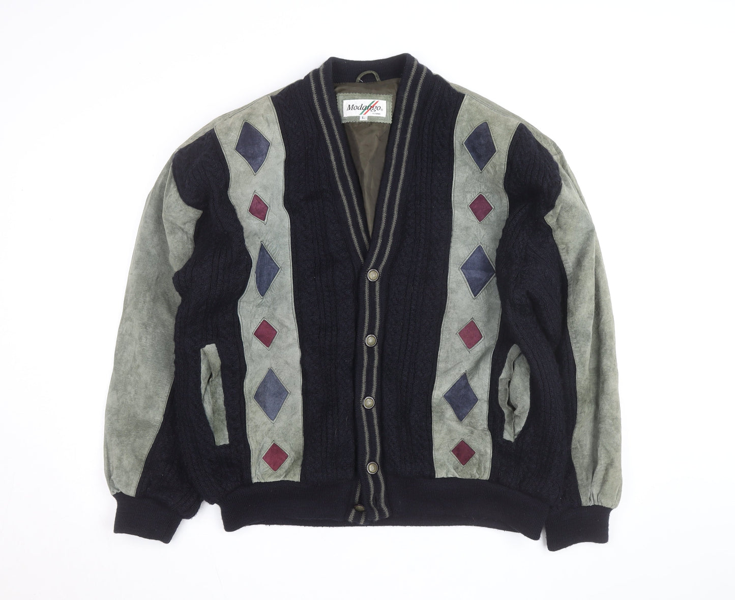 Modango Men’s Multicoloured Argyle Bomber Jacket L Wool Leather Mix