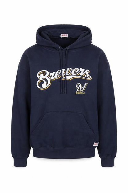 Stitches Mens Blue Pullover Hoodie Medium Embroidered Brewers Logo