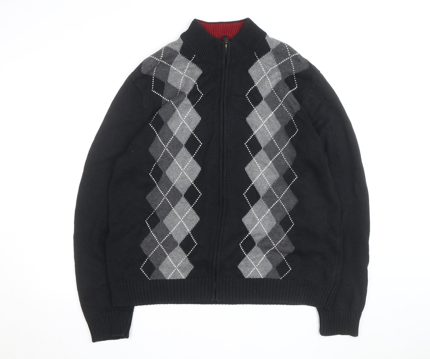 Van Heusen Men's Black Argyle Full Zip Cotton Jumper L