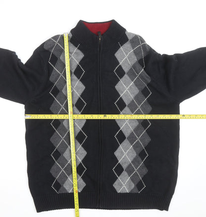 Van Heusen Men's Black Argyle Full Zip Cotton Jumper L
